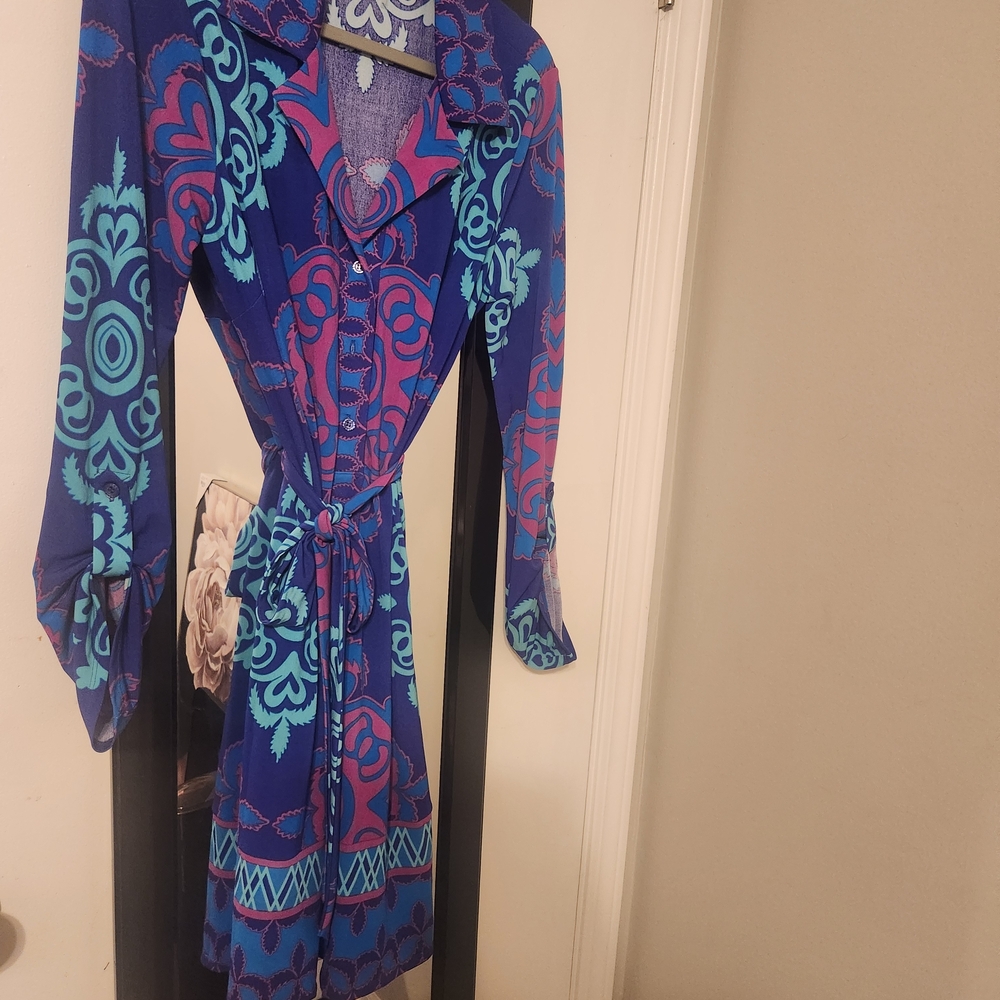 Hale Bob Blue and Pink Long Sleeve Dress